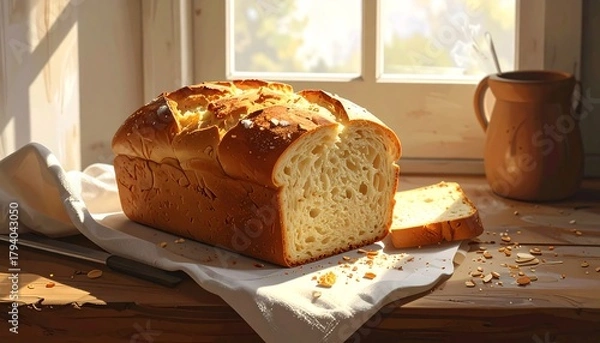 Obraz Freshly Baked Loaf of Bread on a Rustic Wooden Table by a Sunny Window.