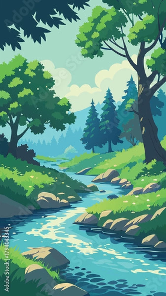 Fototapeta Forest stream with rocks and trees