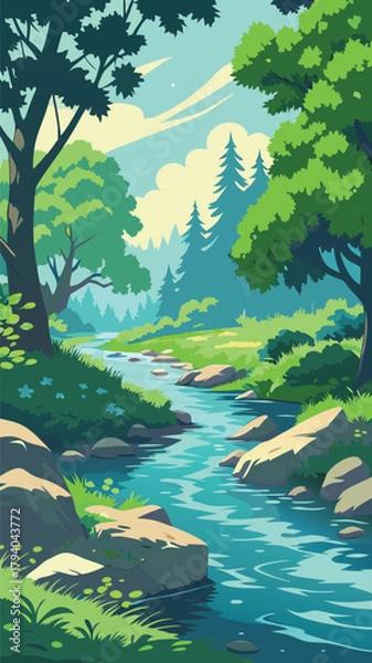 Fototapeta Forest stream with rocks and trees