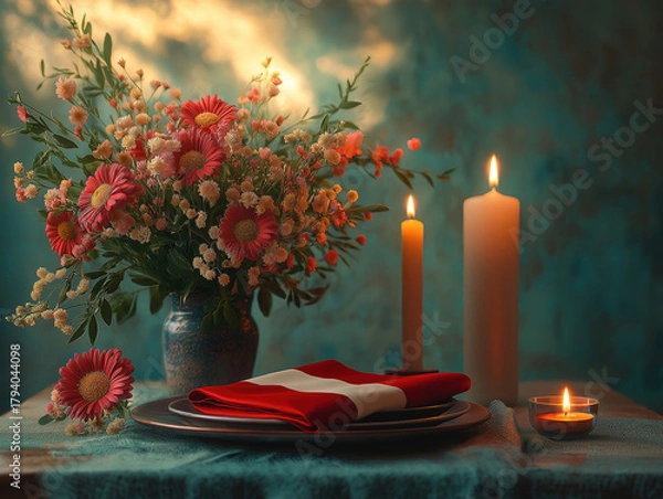 Obraz An Inviting Table Setting with a Folded Flag, Candles, and Lovely Flowers