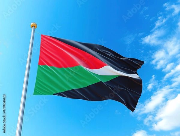 Fototapeta Bright Blue Sky with a Waving Pan-African Flag