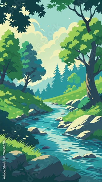 Fototapeta Forest stream with rocks and trees