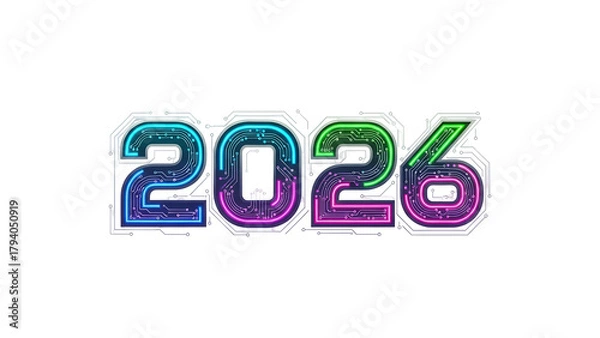 Obraz Numerals representing the year two thousand twenty six are stylized with glowing circuit board designs against a dark background