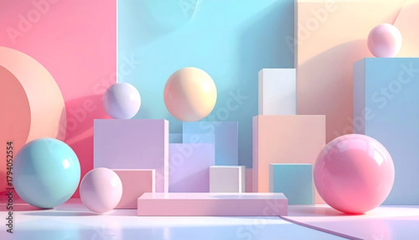 Obraz A modern surreal concept of a 3D rendered stage with pastel geometric blocks and spheres for a product showcase or presentation background