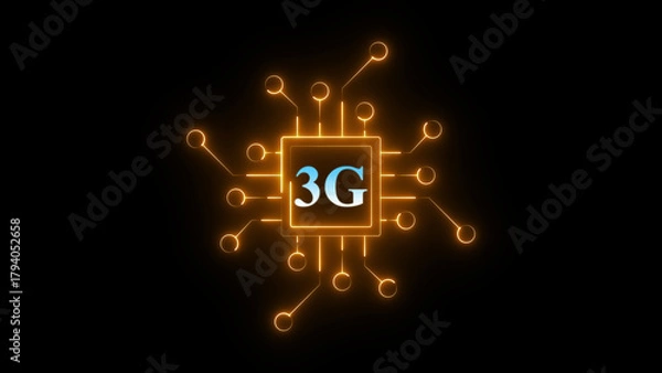 Fototapeta Neon 3G chip circuit icon glowing mobile network processor symbol, digital communication technology chipset graphic, bright electronic board interface for wireless connectivity and telecom system