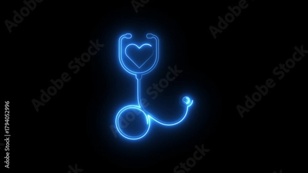 Fototapeta Heart icon inside neon stethoscope animation on black background, glowing medical health check symbol, modern neon cardiology and healthcare diagnostic icon for hospitals