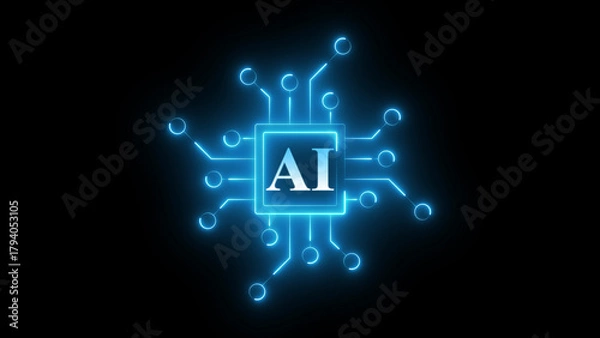 Fototapeta Neon AI chip circuit icon glowing artificial intelligence processor symbol, futuristic digital technology board design, bright electronic chipset interface for machine learning and smart computing sys