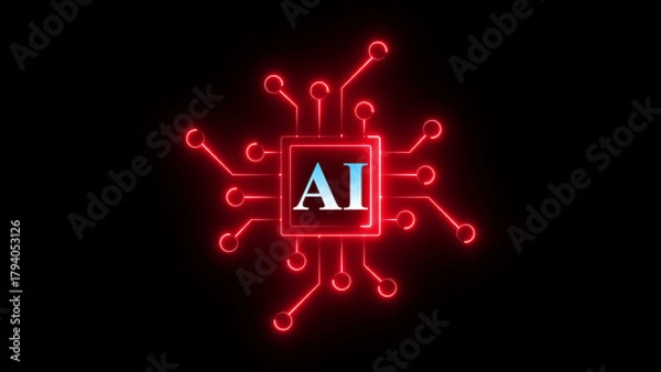 Fototapeta Neon AI chip circuit icon glowing artificial intelligence processor symbol, futuristic digital technology board design, bright electronic chipset interface for machine learning and smart computing sys