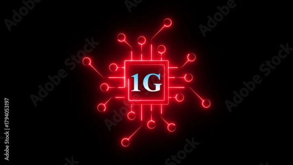 Fototapeta Neon 1G chip circuit icon glowing mobile network symbol, digital communication technology chipset graphic, bright electronic board interface for wireless connectivity and telecom system