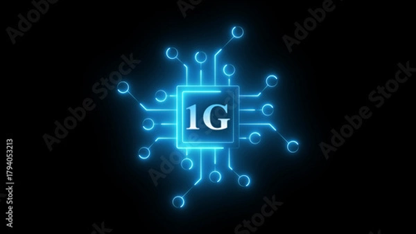 Fototapeta Neon 1G chip circuit icon glowing mobile network symbol, digital communication technology chipset graphic, bright electronic board interface for wireless connectivity and telecom system