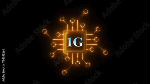 Fototapeta Neon 1G chip circuit icon glowing mobile network symbol, digital communication technology chipset graphic, bright electronic board interface for wireless connectivity and telecom system