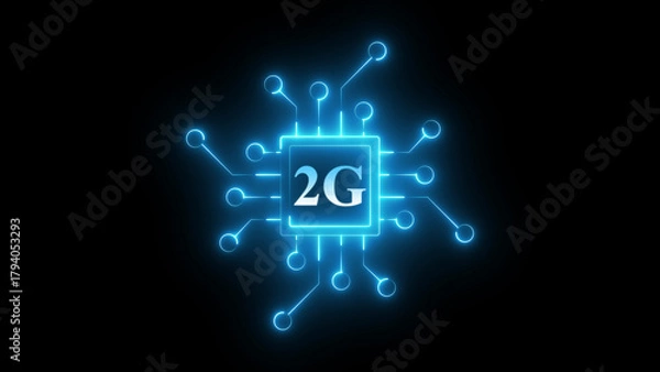 Fototapeta Neon 2G circuit icon glowing telecom network symbol, digital communication technology sign, bright electronic chipset interface graphic for mobile connectivity, wireless signal system