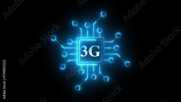 Fototapeta Neon 3G chip circuit icon glowing mobile network processor symbol, digital communication technology chipset graphic, bright electronic board interface for wireless connectivity and telecom system