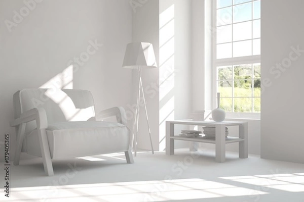 Fototapeta Idea of white room with armchair and summer landscape in window. Scandinavian interior design. 3D illustration