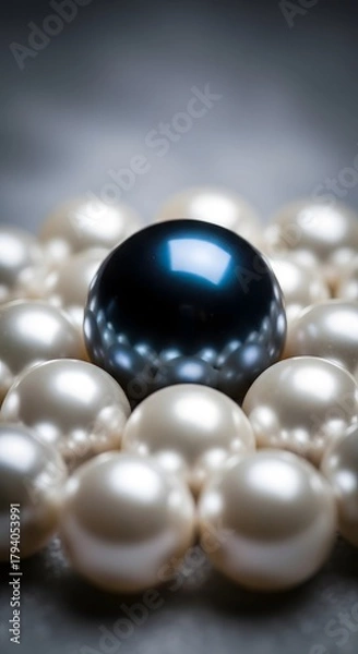 Obraz A striking black pearl surrounded by numerous white pearls on a dark, reflective surface creating a luxurious and elegant visual effect