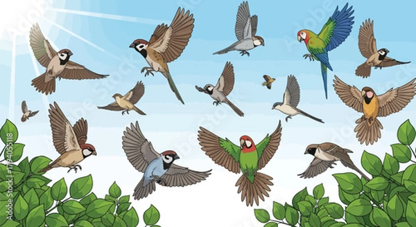 Obraz Spring Birds Illustration – Flying Wildlife with Wings and Beak Detail, Nature Animal Drawing, Decorative Pattern Design, Cute Bird Art for Spring Season, Seamless Wildlife Theme for Creative Projects