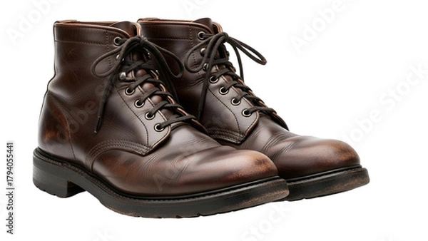 Obraz Sturdy leather lace up work boots display rich brown texture against a solid black background