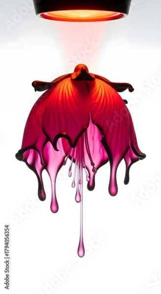 Fototapeta A vibrant pink and purple flower is illuminated by a red heat lamp, creating an artistic and surreal visual effect with dripping petals