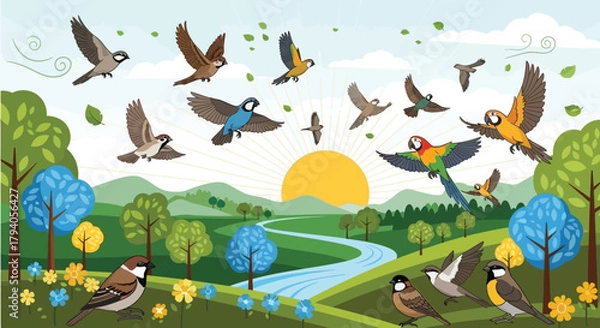 Obraz Cute Bird Illustration – Animal Drawing with Feathers, Flying Pose, Decorative Pattern Design, Adorable Wildlife Art, Nature-Inspired Cute Character, Seamless Decorative Bird Theme for Creative 