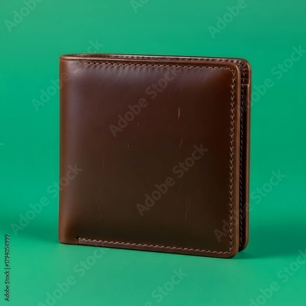 Obraz Close-up of a brown leather wallet standing upright on a vibrant green background, highlighting its smooth texture and stitched edges for a stylish accessory display