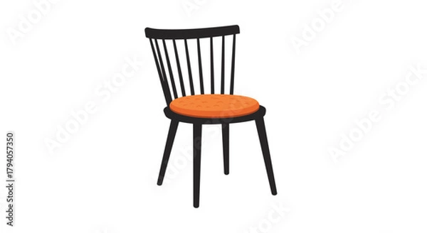 Obraz A simple black wooden chair with a round orange cushion, depicted on a white background in a clean, minimalist style.