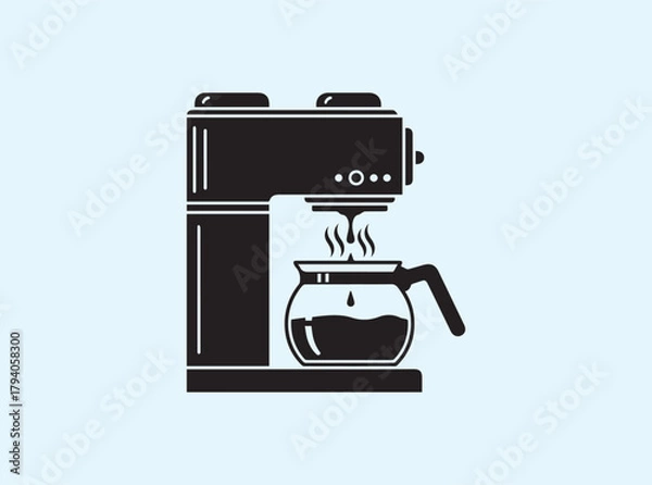 Obraz Solid black silhouette of a coffee maker dripping hot coffee into a glass pot, steam rising,