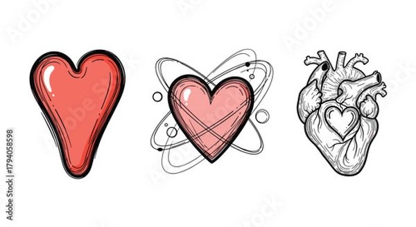 Obraz Three distinct artistic interpretations of the heart, ranging from abstract to anatomical, depicting love, emotion, and science.