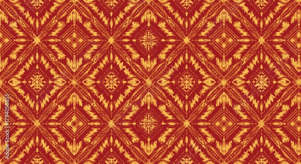 Obraz Traditional Lao silk pattern, geometric textile motif, golden and crimson tones, seamless vector.eps