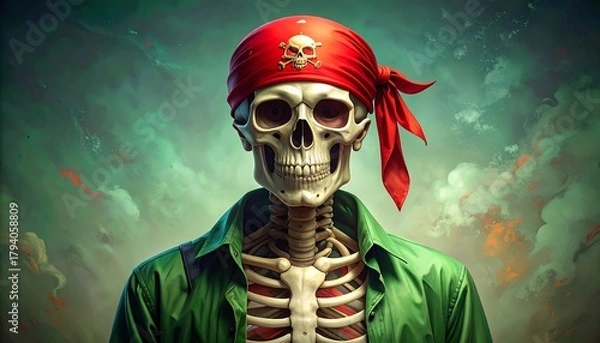 Fototapeta Pirate Skeleton Wearing Red Bandana with Skull Emblem.
