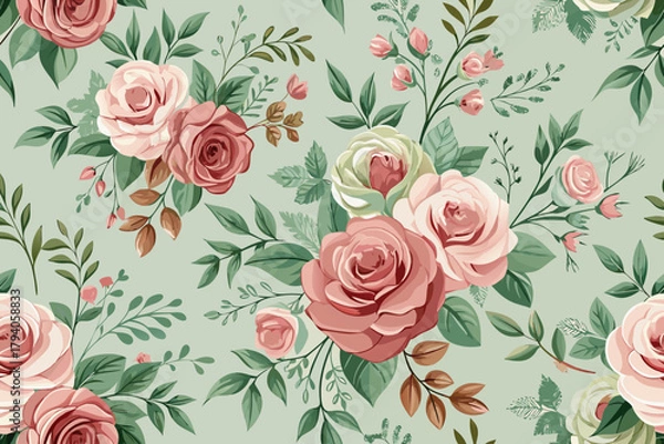 Obraz Elegant Pink and Red Roses with Green Foliage on Pale Green Background floral pattern