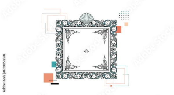 Obraz Decorative square frame with an intricate floral and scroll design, topped by a seashell, complemented by modern geometric shapes.