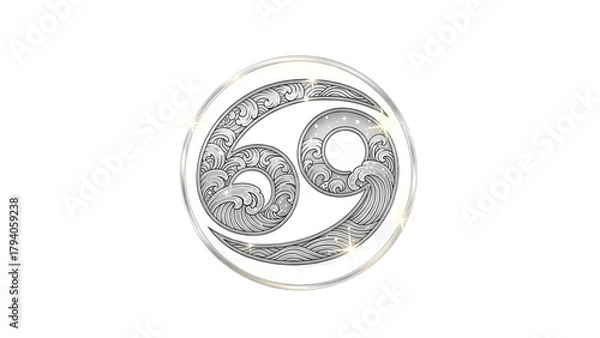 Obraz Ornate silver medallion design features the astrological symbol for the water sign cancer surrounded by wave patterns