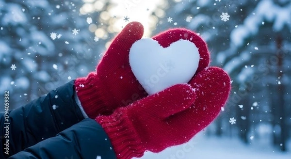 Fototapeta Red-gloved hands hold a heart-shaped snowball as snow falls in a wintery forest scene.