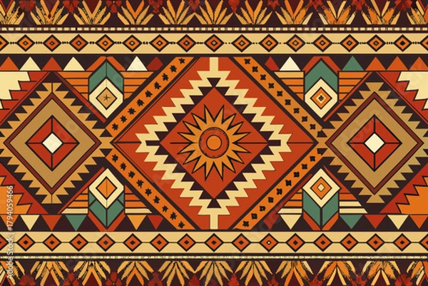 Obraz Geometric Native American Tribal Pattern with Sun Motif and Diamond Shapes in Earth Tones indigenous