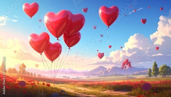 Fototapeta Red Heart Balloons Floating Over Scenic Landscape at Sunset.