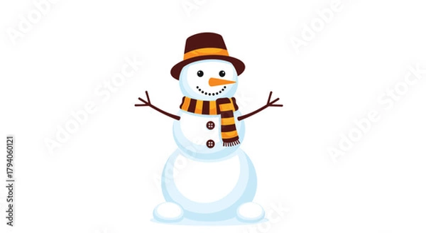 Obraz Adorable cartoon snowman with a brown hat, striped scarf, and carrot nose stands smiling happily, perfect for winter and holiday designs.