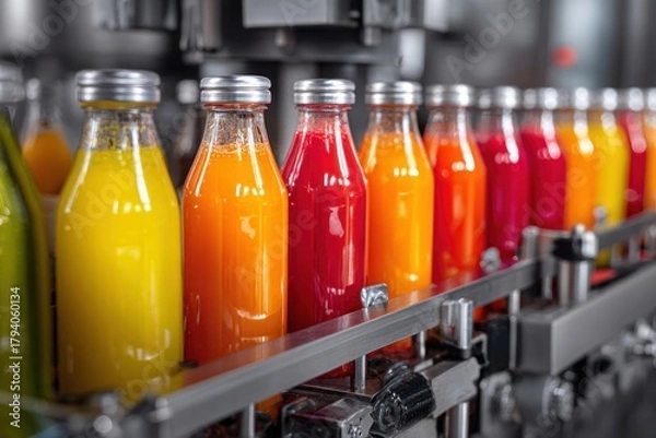 Fototapeta Bottled Juice Production Line with Colorful Beverages.