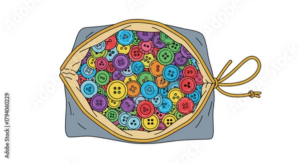Obraz An overhead view shows a half-unzipped grey bag brimming with a diverse assortment of multicolored buttons, featuring different shapes and hole patterns.
