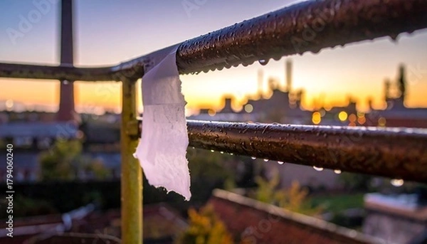 Fototapeta Piece of paper hanging on a wet metal pipe at sunset.