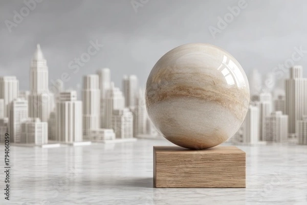 Fototapeta Abstract marble sphere on wooden block with city background.