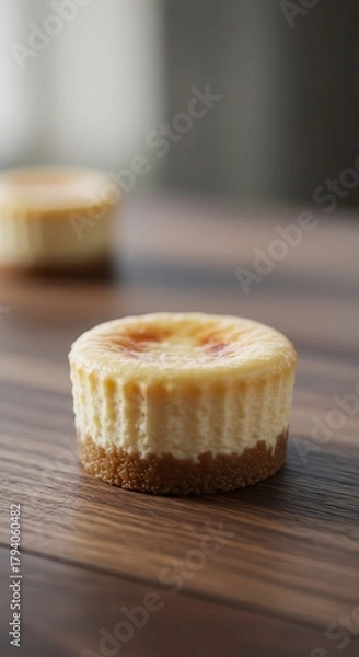 Fototapeta Small baked cheesecake dessert rests on a dark wooden surface with another blurred dessert in the background