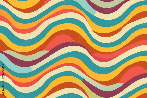 Obraz Retro Wavy Pattern With Teal Orange Red Purple Yellow And Cream abstract background