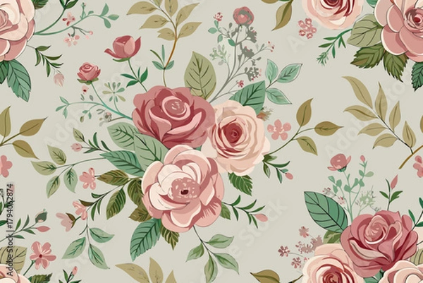 Obraz Vintage floral pattern with pink roses and green foliage on a light gray background Keywords: floral, pattern, seamless, vintage, roses, flowers