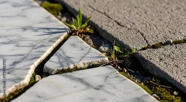Fototapeta Close-up of cracked pavement with small green plants and moss growing between the stones on a sunny day