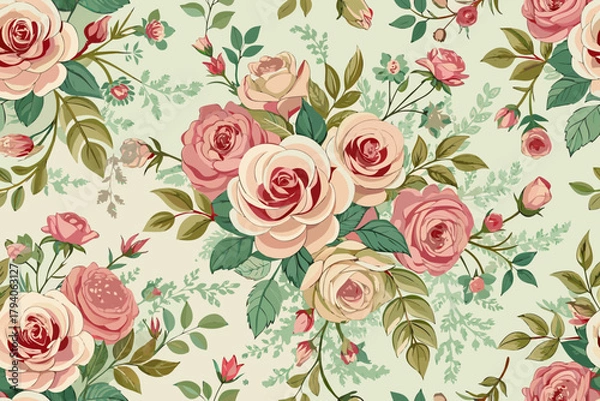 Obraz Vintage rose and leaf pattern in soft pinks and greens on a pale background Keywords: floral, pattern, seamless, vintage, roses, flowers, leaves