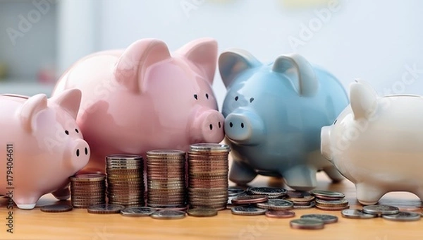 Fototapeta Three vibrant piggy banks in pink and blue colors are positioned around stacks of coins on a wooden table, symbolizing savings and financial planning in a cozy environment