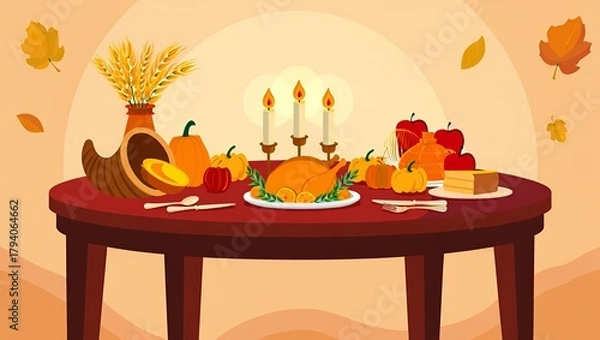 Obraz A beautifully arranged Thanksgiving dinner table features a roasted turkey surrounded by pumpkins, apples, and candles, creating a warm and inviting autumn atmosphere for celebration
