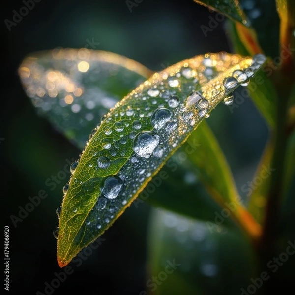 Fototapeta Macro shot of a green leaf covered in sparkling water droplets, illuminated by golden sunlight