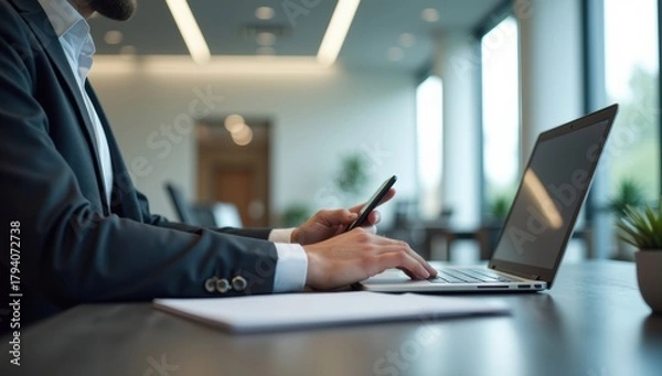 Fototapeta Modern office scene with person using smartphone