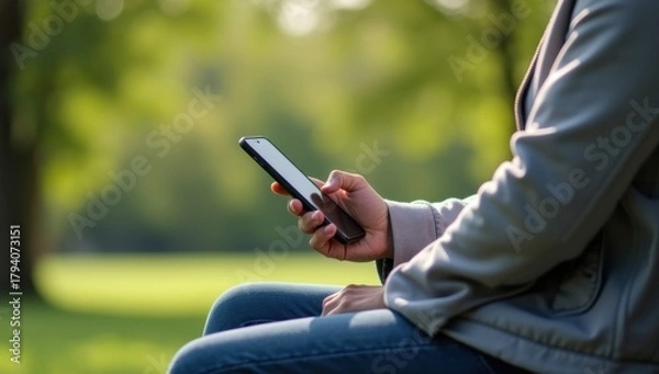 Fototapeta Person using smartphone on a park bench